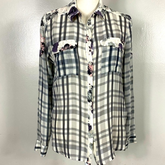 Paige Silk button down floral and plaid mix print blouse - Picture 1 of 9